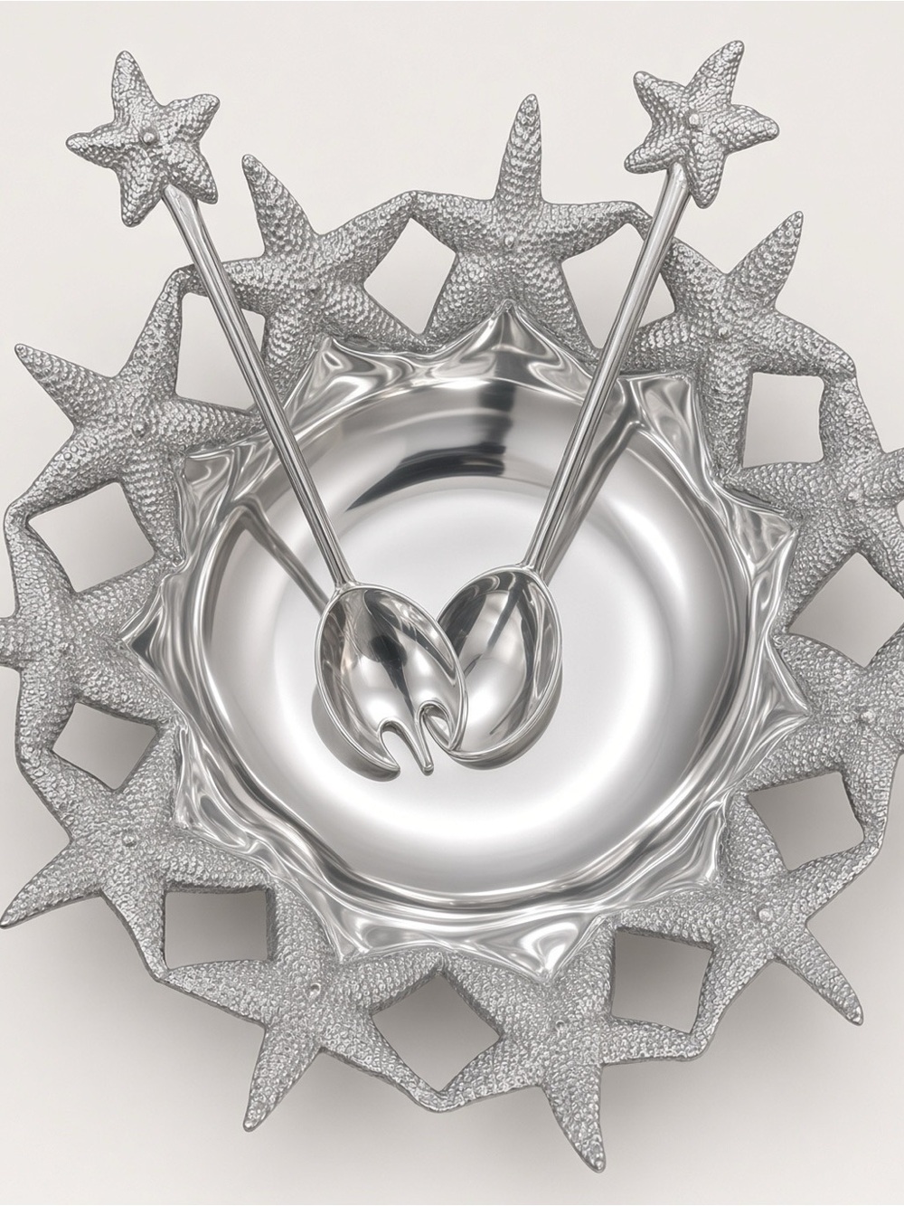 Mariposa Silver Starfish Salad Bowl with Decorative Servers; Recycled Aluminum